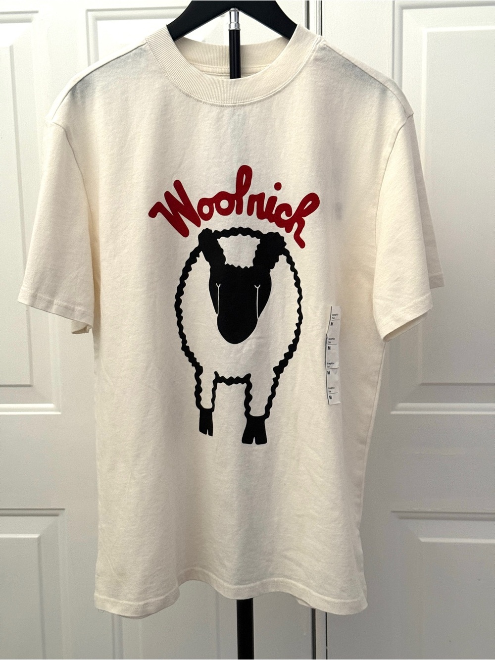 Woolrich Cream Graphic Tee with Red Logo and Black Sheep